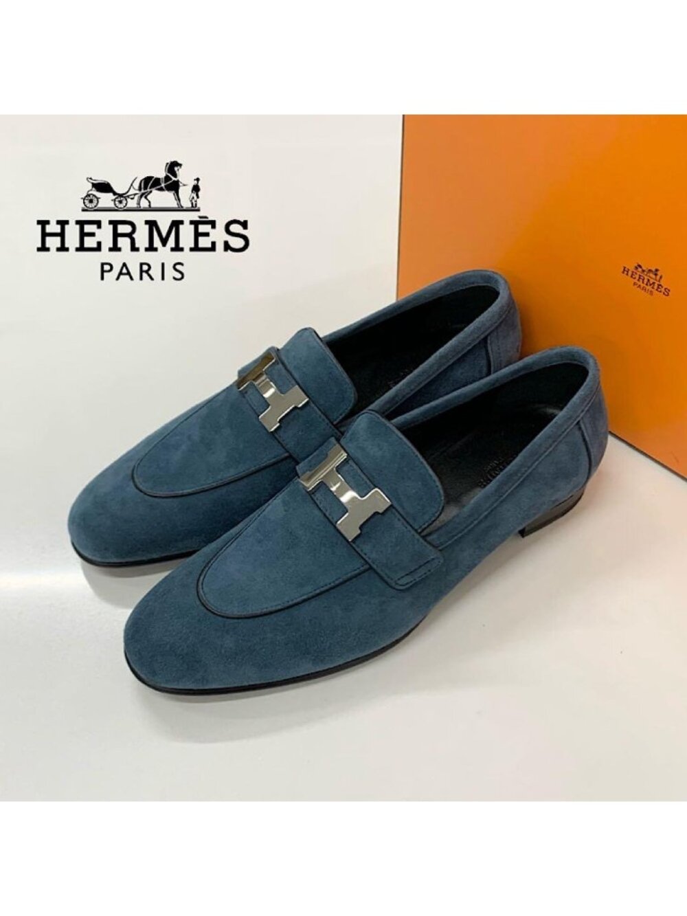 Hermes Paris H Suede Loafers Blue